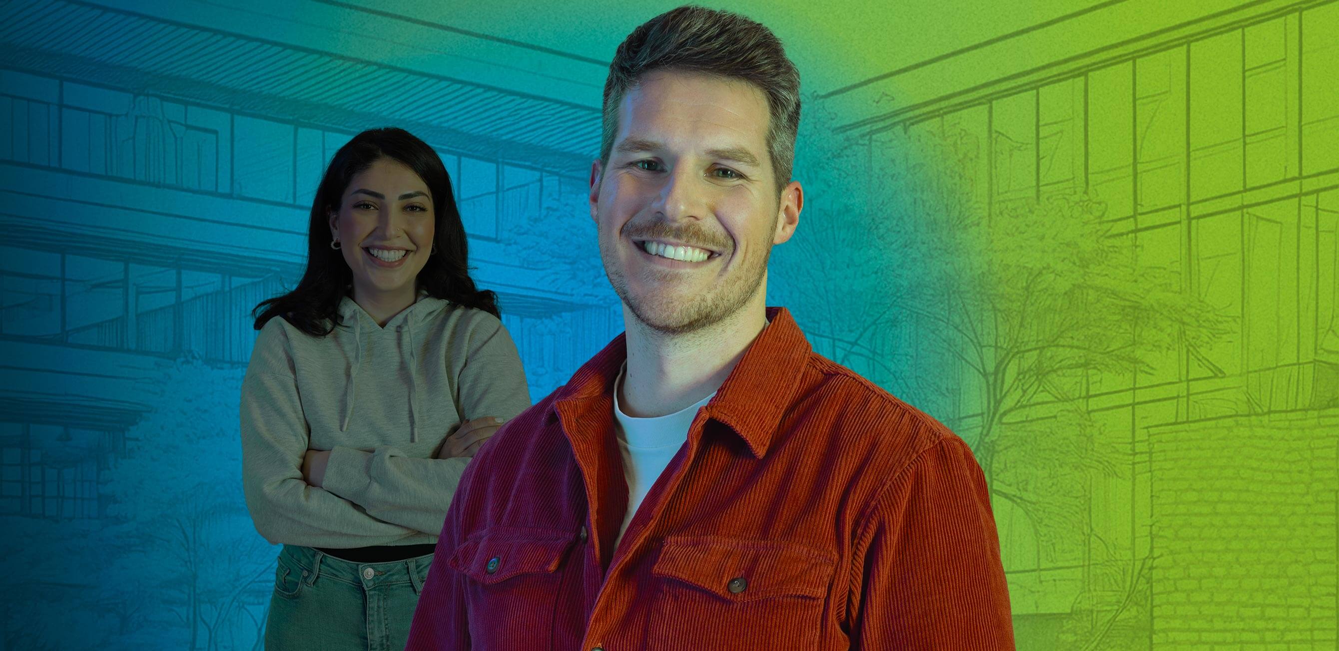 Zwei Menschen stehen vor einem farbigen, gezeichneten Architektur-Hintergrund in Blau und Gelb.